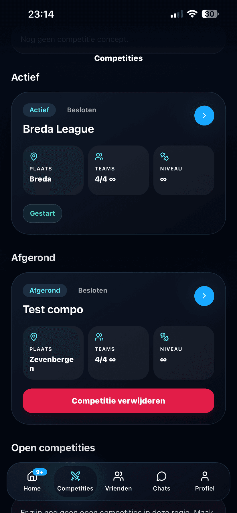 iPhone screenshot van het competities overzicht
